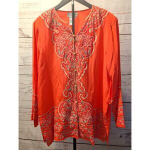 100% Silk Boho Luxe Resort Glam Statement Embroidered Diane Gilman Top M